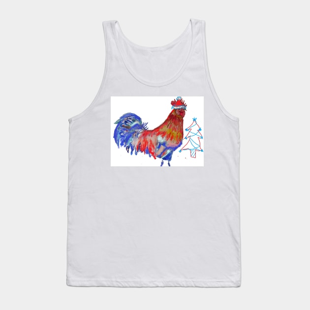 Christmas Rooster Watercolor Painting Tank Top by SarahRajkotwala